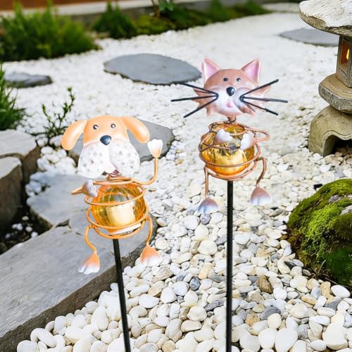 Solar Garden Lights,26''H Cat Dog Waterproof Decorative Solar Stake Light,Decorative Statues Figurine Lights for Lawn Patio Pathway for Outside - color: Cat and Dog