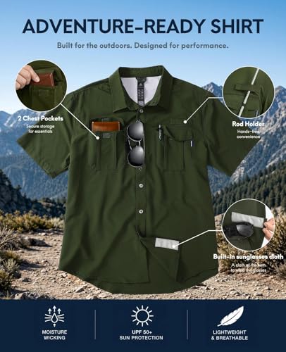 Haimont Men's UPF 50+ Short Sleeve Hiking Button Down Shirt | Quick-Dry Stretch, Mesh Back Vents, Rod Holder & Sunglasses Loops, Outdoor & Travel - color: Army Green, size: Small