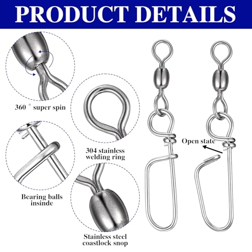 VioraWhite 2 Sets Terminal Kit Fishing Snap with Swivels, Stainless Steel Fishing Snap Swivels Corrosion Resistance with Soft Bumper, Stainless Steel Thimble and Connector Sleeves
