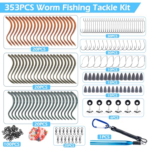 Goture 353PCS Wacky Worm Fishing Lure Kit, Bass Fishing Wacky Rig Tool Kit with Soft Plastics Lures, O-Rings, Offset Worm Hooks, Drop Shot Hooks, Beads, Sinker Weights, 3600 Tackle Box, Gifts of Men - color: A:353pcs Fishing Lures Kit