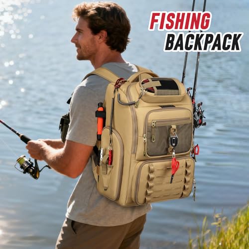 Fishing Tackle Backpack,Tackle Bag with 2 Rod Holders & 4 Tackle Boxes,Water-Resistant Large Storage Fishing Gear and Equipment, Fisher Gifts for Men, Khaki - color: B-Khaki with 4 Tackle Boxes