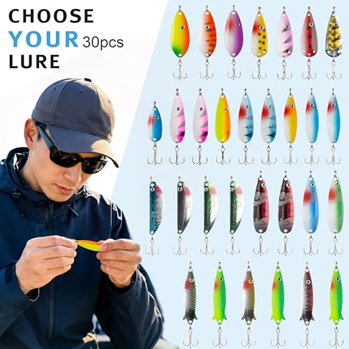 Fishing Spoons Lures Kit, 30pcs Metal Spoon Fishing Lures Assortment Spinner Baits Trout Lures Casting Trolling Spoons with Treble Hooks for Bass Pike Walleye Saltwater Freshwater