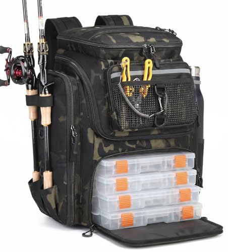 HAMBOLY Fishing Backpack 45L with Rod Holders, Water-Resistant Tackle Backpack for Fishermen, Large Capacity Fishing Gear Bag for Travel Hiking Camping - color: Dark CM (4 Tackle Boxes Included)