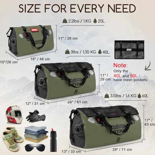 OSAH DRYPAK Waterproof Duffel Bag - Motorcycle Dry Bag Tail Bag with Large Storage Space, Waterproof Luggage Duffle Bags with Outer Mesh Zipper Pocket for Camping, Kayaking, Fishing & Traveling - color: Olive, size: 40L