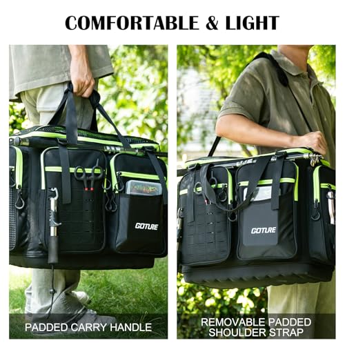Goture Large Tackle Bag,1680D Water Resistant Saltwater Gear Storage Big Fishing Bag with EVA Bottom,Store Up to 8PCS 3700 Plus 4PCS 3600 Tackle Trays(Not Included),Gifts for Men,20.87”x11.42”x15.16”