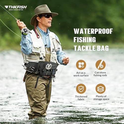 THKFISH Waterproof Fishing Waist Pack with Fishing Rod Holder, Airtight Zipper Closure, Lightweight Sling Fishing Waist Bag for Fly Fishing - color: Black