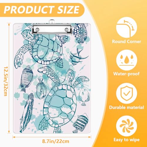 Watercolor Sea Turtle Clipboard, Ocean Fish Decorative Clip Board with Metal Clip Cute Plastic Clipboards A4 Standard Size 8.5" x 12.5" for Nurses, Students, Office - color: Watercolor Sea Turtle