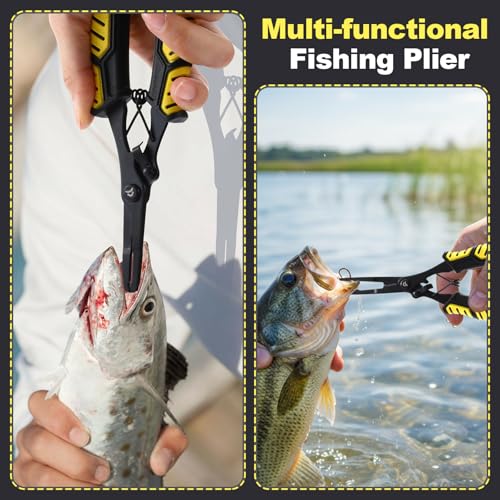 RoundFunny Fish Lip Gripper Pliers, Combo Fishing Tool Kit Stainless Steel Multifunction Hook Remover, Split Ring Pliers with Lanyards Sheath for Fly, Easter Fishing Basket Gift Gear Men Women - color: Yellow