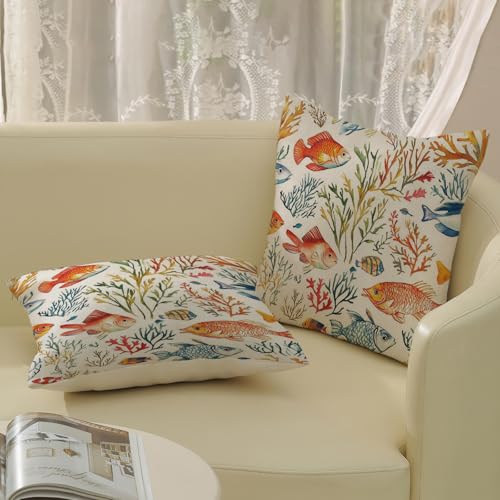 Summer Coastal Pillow Covers 18x18 Inch 2 Pcs Colorful Fish Coral Outdoor Decor Throw Pillows Nautical Beach Sea Ocean Themed Holiday Decoration Pillowcase Linen Cushion Cover for Couch Sofa - color: Colorful Fish Coral, size: 18" x 18" (Pack of 2)