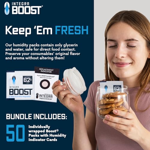 Integra Boost 62% RH, 2 Way Humidity Control Packs – 8g Size for Storing 1 oz – Pack of 50 Moisture Absorbers for Small Jars & Containers – Humidifier Packets for Herbs & Spices & Food Storage - size: Pack of 50