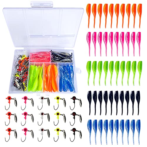 65Pcs Crappie Jigs Lure kit, 2 inch Crappie Bait with Fishing Jig Heads Hooks for Saltwater Freshwater Bass Trout - color: D: 15pcs crappie jigs and 50pcs lures
