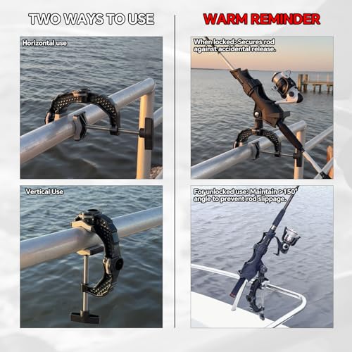Hitorhike Fishing Rod Holder with Aluminum Alloy Base and One-Click Lock System Fits Round Square Tubes 0.59"~4.53" Enlarged Clamp Range for Boat Kayak Fishing - style: Powerlock Fishing Rod Holder-2 Pack