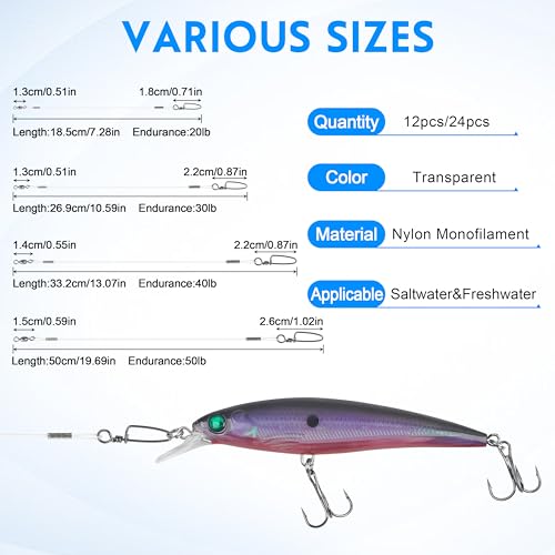 Nylon Fishing Leaders,12/24pcs Nylon Mono Wire Leader Line with Swivel Snaps Lures Rig or Hooks Connect Tackle High Strength Fishing Leader Line for Saltwater Freshwater 20lb/30lb/40lb/50lb - size: 20LB