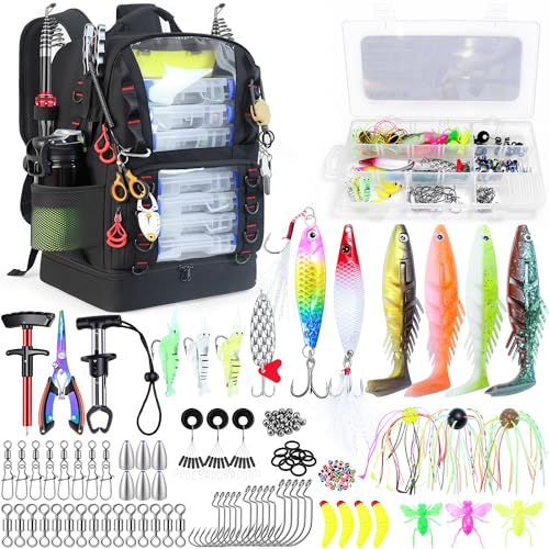Fishing Backpack with Tackle Boxes,45L Large Tackle Bag with Cooler & Fishing Gear Kit,Waterproof Tackle Backpack for Gift with Fishing Lures, Fishing Pliers,Black - color: Black(with Fishing Gear)