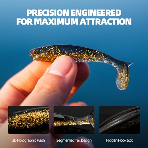 30pcs Soft Plastic Swimbaits with Paddle Tail, T-Tail Fishing Lures for Vertical Jigging and Casting, Freshwater Swimbaits for Bass, Trout, Walleye & Crappie - color: Segmented, 2.5''