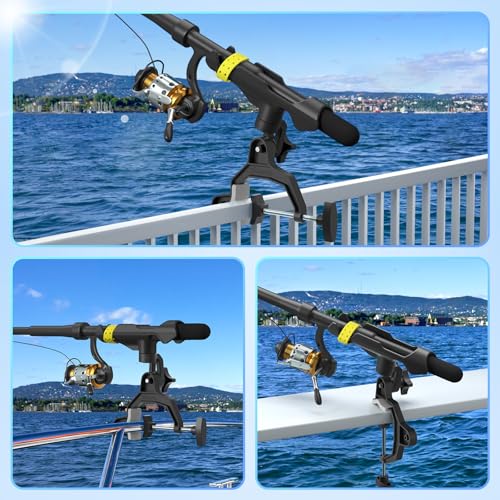 Upgraded Fishing Rod Holder with Button-Lock 360° Dual Rotation,Universal Silicone Strap & Enlarged V-Clamp Fits Round/Square Tubes,Secure Adjustable Boat Fishing Gear for All Rod