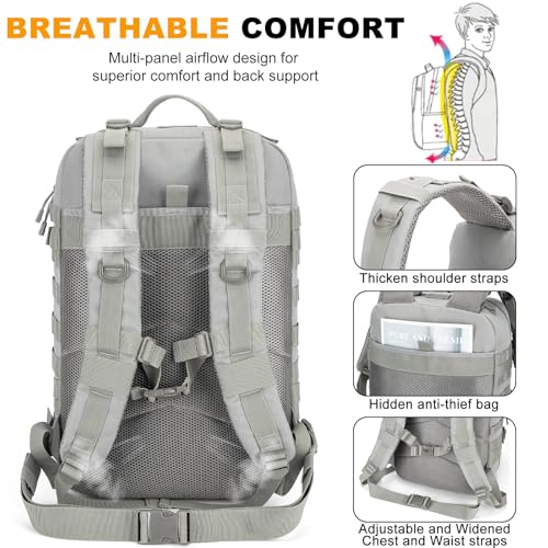 Tactical Backpack 45L Army Military Rucksack, Water Resistant MOLLE Pack, Large 3 Day Bug Out Bag for Men & Women, Durable Outdoor Gear for Hiking, Camping, Hunting, Travel (Grey) - color: Gray