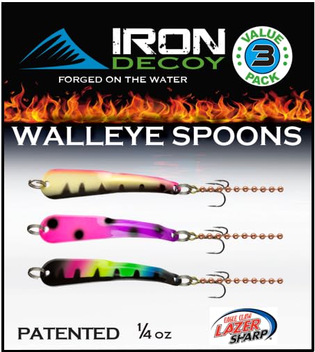 IRON DECOY Spoon Fishing Lures 3-Pack, Multi-Species Metal Spoons for Trout, Walleye, Bass, Salmon, Pike, Ice Fishing & Trolling, Vibrating Spoon Lure Kit - color: Walleye, 1/4 oz