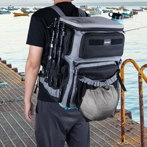 Goture Fishing Backpack with Cooler, 66L 600D Tackle Backpack with 3 Rod Holders, EVA Cover, Helmet Holder, Rain Cover, Saltwater Large Fishing Bag for Camping Hiking, Gear Storage Bag, Gifts for Men - color: A1:gray(without Tackle Box)