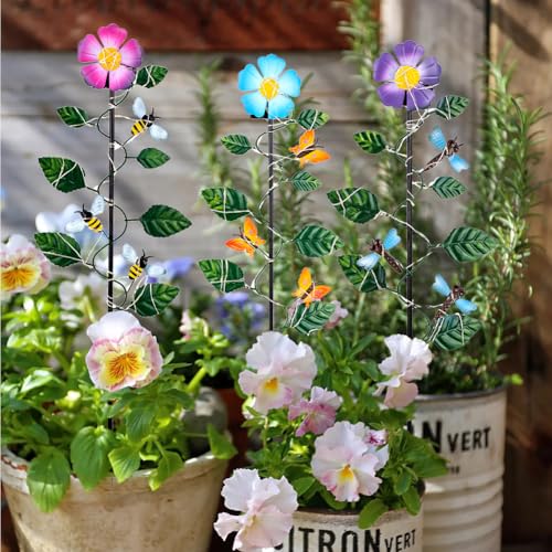 Set of 3 Solar Garden Lights,23'' H Flowers＆Insect Decorative Garden Stakes,Waterproof Metal Spring Yard Art Decor,Solar Stake Lights for Outside,Lawn,Yard,Patio - color: Flowers-3Pack