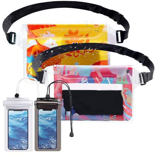 4 Pack Waterproof Fanny Pack with Waist Strap Waterproof Phone Pouch Dry Bag for Kayaking Pool Swimming Boating Beach Fishing Travel Diving Surfing (Hawaii, 2 Fanny Pack + 2 Pouch Bag) - color: A-Hawaii