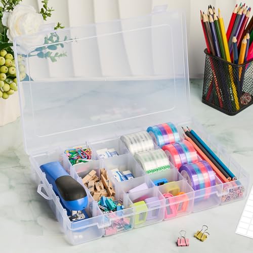 Mauproy 18 Grids Large Plastic Organizer Box with Adjustable Dividers, Clear Compartment Storage Container Tackle Box with Label Stickers for Beads, Crafts, Jewelries, Tools - style: Large 18 Grids