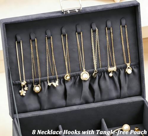 QBestry 3-Layer Jewelry Box for Women with Lock and Key & Drawer, Large Jewelry Organizer with 8 Necklace Hooks & 56 Earring Holes, Grey Velvet Jewelry Storage Box for Necklaces Earrings Ring Bracelet - color: Grey
