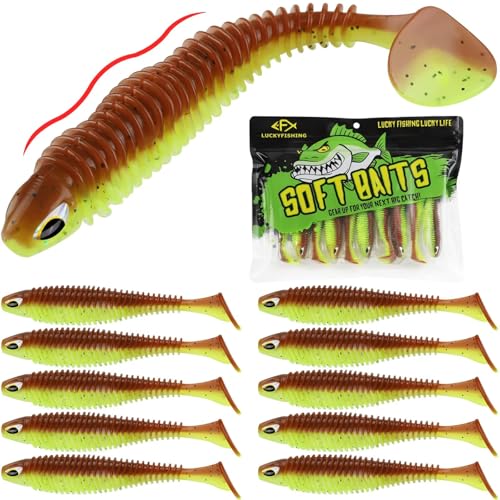 LUCKYFISHING Paddle Tail Swimbaits 10/16/20 PCS Fishing Lures Soft Plastic Lures for Trout Crappie Walleye Soft Baits for Bass Fishing Freshwater Saltwater 4.1/3.5/3/2.5 Inch - color: Green Pumpkin Chartreuse, size: 3.5 inch-10pcs