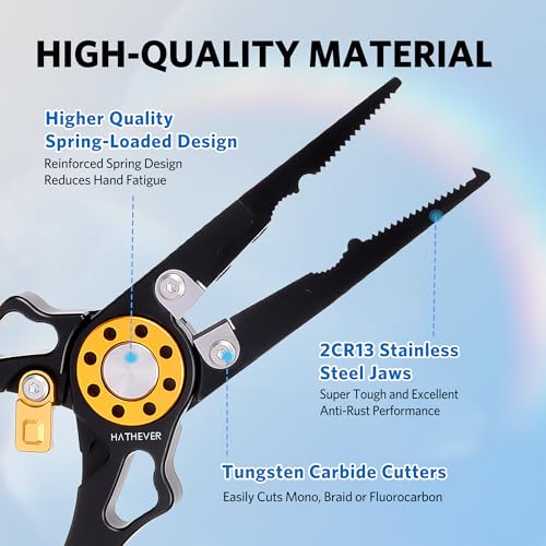 Fishing Pliers Saltwater, Split Ring Pliers Hook Remover with Safety Lock, Fishing Tools with Sheath and Lanyard, Fishing Gifts for Men - color: Black