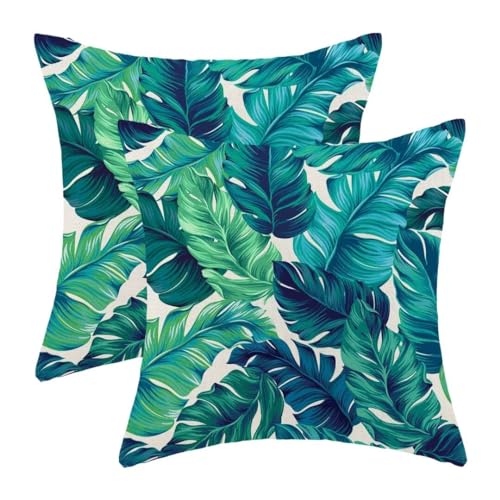 AEIOAE Summer Tropical Leaves Pillow Covers 16 X 16 Inch Set of 2, Green Palm Leaf Decorative Throw Pillow Covers Square Linen Botanical Plant Outdoor Cushion Covers for Couch Home Sofa - color: Palm Leaf, size: 16" x 16" (Pack of 1)
