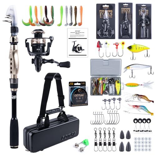 GOTURE Telescopic Fishing Rod and Reel Combos, Carbon Fiber Travel Fishing Pole, 9+1 BB Spinning Reel, Saltwater Freshwater Fishing Gear Kit with Braided Line, Lures, Carrier Bag for Bass Trout - color: 1 Rod & 1 Reel Spinning Fishing Combo - PC Fishing T