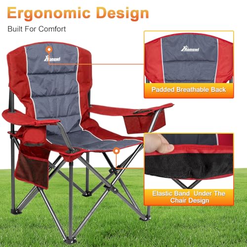 Romswi Oversized Camping Chairs,Heavy Duty Support 500 LBS,Padded Back & Arm Sport Chairs, Cup Holder Cooler Bag, Collapsible Folding Chairs for Outdoor, Fishing & Garden, Red,2-Pack - color: Red, style: XL Large