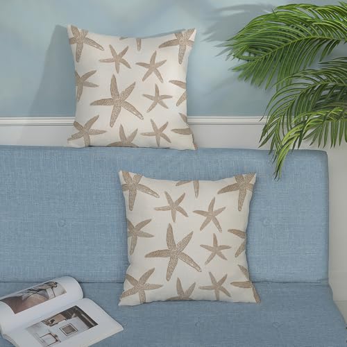 Brown Starfish Pillow Covers 18x18 Set of 2 Coastal Throw Pillows Spring Summer Nautical Ocean Theme Beach Decorative Pillow Cases Farmhouse Outdoor Decor Linen Cushion Case for Couch Sofa - color: Brown Starfish 2, size: 18" x 18" (Pack of 2)