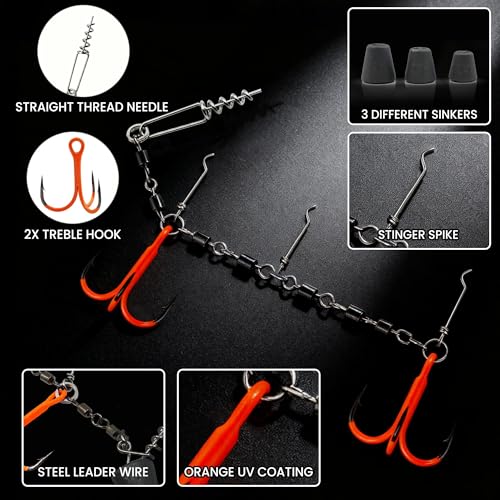 9KM DWLIFE Stinger Hooks Stinger Rig Treble Hooks with Sinker Weight Soft Bait Swimbait Predator Fishing Rig with Straight/Angled Threaded Needle for Pike, Walleye, Musky, Ice Fishing & Dead Bait - size: 2/0#, style: Straight Threaded Needle