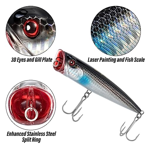 Dr.Fish Popper Saltwater Fishing Lures, 4/5.5 Inches GT Popper VMC Treble Hooks Surf Fishing Lures for Bass Striper Pike Salmon Offshore - color: Chorme Black, Chorme Blue, Blue Mackerel-3 Pack, size: 5.5"