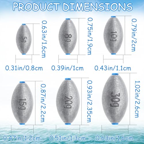 Egg Fishing Sinkers Weights Assortment, 26pcs 5/6 Size Bullet Fishing Weights Lead Oval Shape Bass Casting Worm Bullet Tackle for Saltwater Freshwater Fishing - size: 6 sizes-26pcs