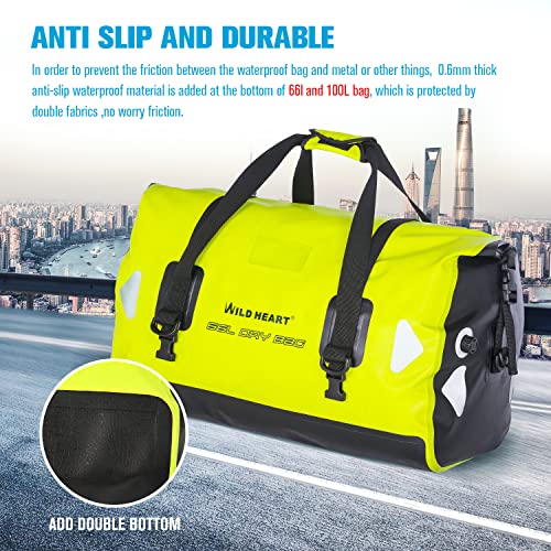 WILD HEART Waterproof Motorcycle Duffel Bag PVC500D Double-bottom With Rope Straps and Inner Pocket 40L 66L 100L for Kayaking, Camping, Boating,Motorcycle - color: 66L Fluorescent green, size: 66L