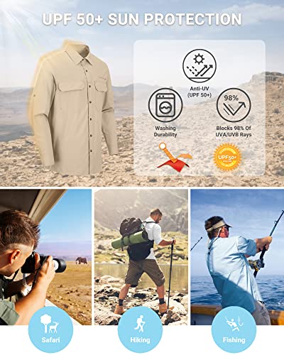 Outdoor Ventures Men's UPF 50+ UV Sun Protection Shirt, Long Sleeve Hiking Fishing Shirt Cooling Quick Dry for Safari Travel - color: Khaki, size: 3X-Large
