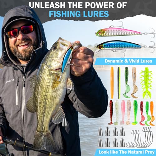 PLUSINNO Fishing Gear, Fishing Backpack with Fishing Rod, Tackle Box, Waterproof Tackle Backpack with Rod Holders,Lures, Tools, Pliers & Accessories, Fish Gifts for Men - color: Fishing Backpack with Fishing Rod and reel combo fishing gear