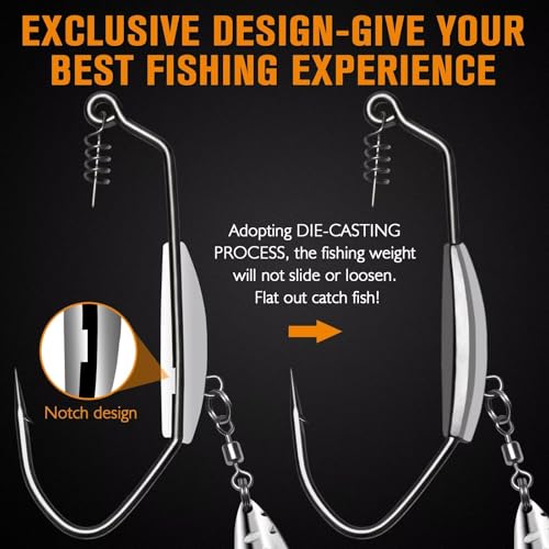 Dovesun 12PCS/44PCS Weighted Swimbait Hooks Weighted Fishing Hooks Saltwater Freshwater Worm Weedless Hooks for Bass Fishing 3/0 4/0 5/0 - color: Underspin Weighted Hooks, size: Size3/0-Weight1/8oz-12pcs