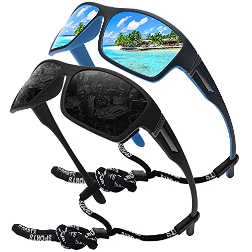 STORYCOAST Polarized Sports Sunglasses for Men Women Unbreakable Frame Cycling Fishing Driving - color: 2pack Black+blue Mirror