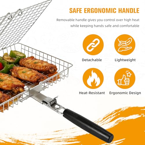 Grill Basket for Outdoor with Removable Handle,Stainless Steel BBQ Camping Cooking Accessories Tools for Meat Steak Fish Vegetable Shrimp, Gifts for Men Dad Husband