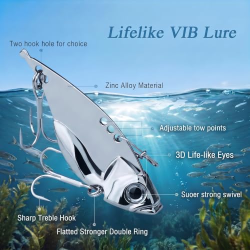 5 Pack Metal Fishing Spoons Blade Baits VIB Lures, Hard Fishing Lures for Bass Walleye Pike Crappie Freshwater & Saltwater Fishing（Includes a Convenient Storage Box）
