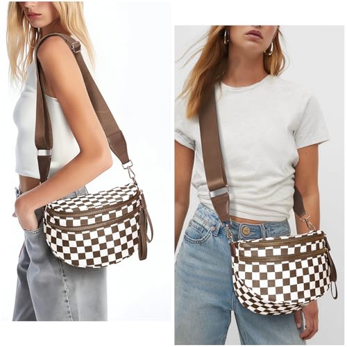 Checkered Crossbody Bum Bags for Women Nylon Checkered Purse Checkerboard Fanny Pack - color: A03-caramel