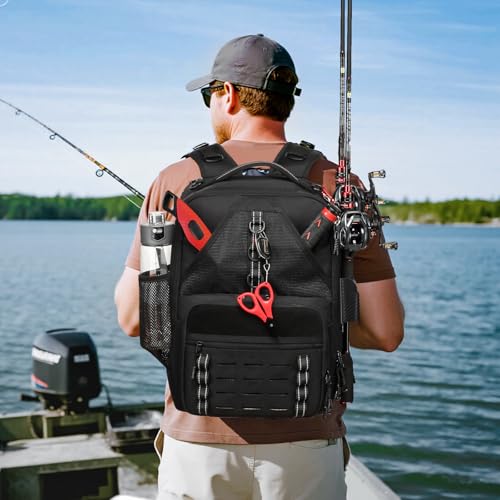 Fishing Tackle Backpack,Tackle Bags with 2 Rod Holders,Water-Resistant Tackle Bag Storage Bag for Fishing Gear(Black) - color: A-Black(Without tackle box)
