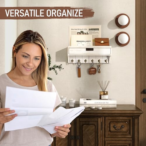 Rebee Vision Pine Wood Key Holder Wall Mount with Drawer Organizer for Farmhouse Decor – Mail Organizer with 6 Sturdy Key Hooks and Storage Drawer – Room Decor for Apartment Essentials (Whitewash) - color: Whitewash, style: 1-Drawer