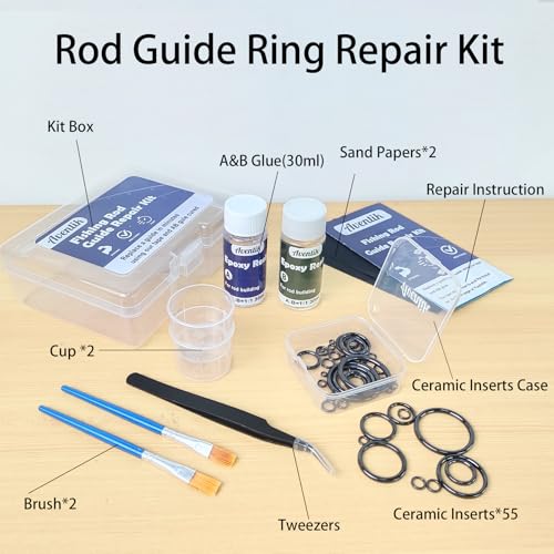 Aventik Fishing Rod Repair Kit Complete with 11 Sizes 55pcs Ceramic Guide Ring,Glue, Tweezers, Eyelet Replacements for Fishing Pole Repair Kit