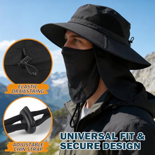 Wide Brim Sun Bucket Hat, Waterproof Boonie Hat for Men & Women | UPF 50+ UV Protection, Adjustable Fit, Chin Strap & Sweatband, Foldable Durable for Fishing Hiking Garden Beach - color: 07 Black (Full Coverage)