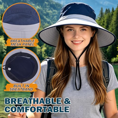 Wide Brim Sun Bucket Hat, Waterproof Boonie Hat for Men & Women | UPF 50+ UV Protection, Adjustable Fit, Chin Strap & Sweatband, Foldable Durable for Fishing Hiking Garden Beach - color: 02 Light Grey+navy Blue