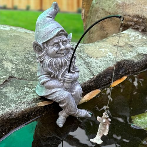 Garden Gnome Pond Statue Decoration, Fishing Gnome Garden Statue Outdoor Koi Pond or Waterfall Decor, 9.7" Stone Gnome Fishing Poolside Statue, Elf Pond Statue, Great Gifts & Housewarming for Mom - color: Gnome Fishing （stone）